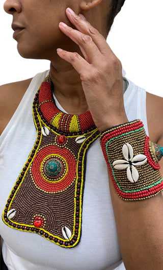Red Beaded African Bib and Bracelet Set