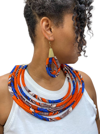 Orange and Blue Layered African Necklace with earrings Set