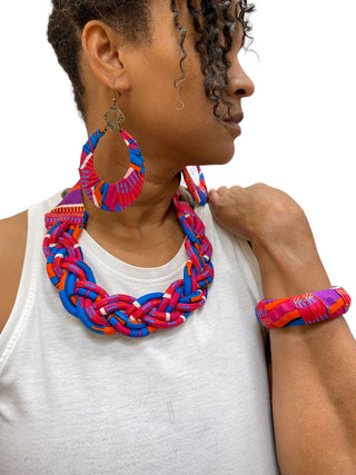 Braded Blue & Pink Necklace, Bracelet and Earrings Set